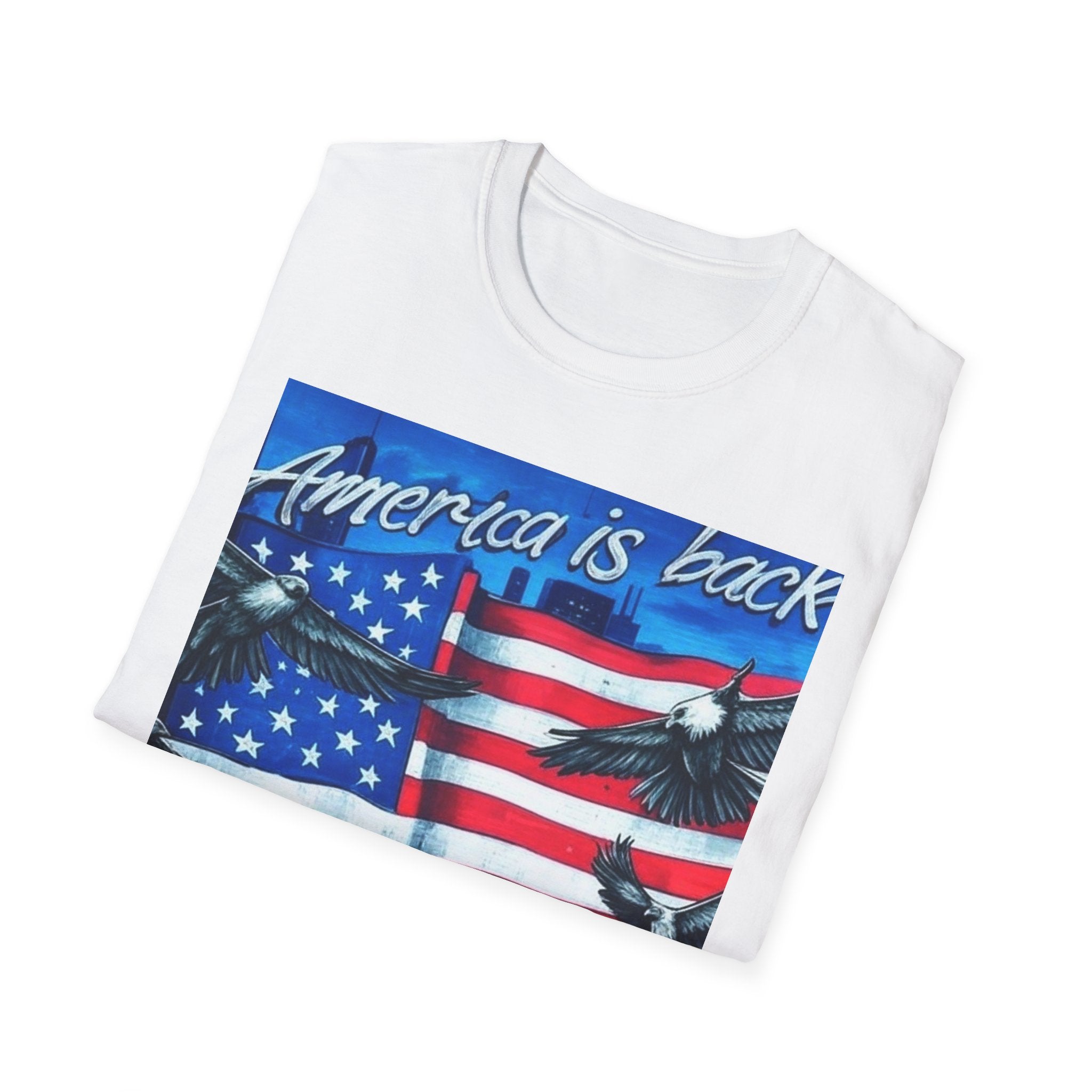 America is Back Unisex Softstyle T-Shirt - Patriotic Graphic Tee for Independence Day, Memorial Day, and Everyday Wear