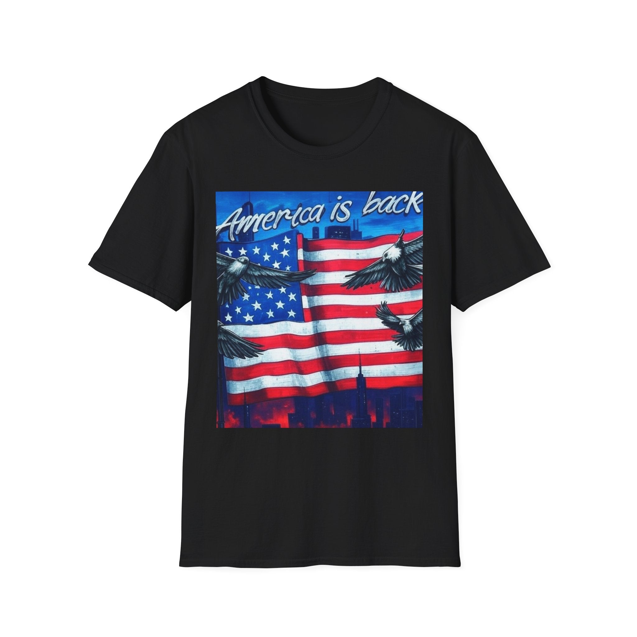 America is Back Unisex Softstyle T-Shirt - Patriotic Graphic Tee for Independence Day, Memorial Day, and Everyday Wear