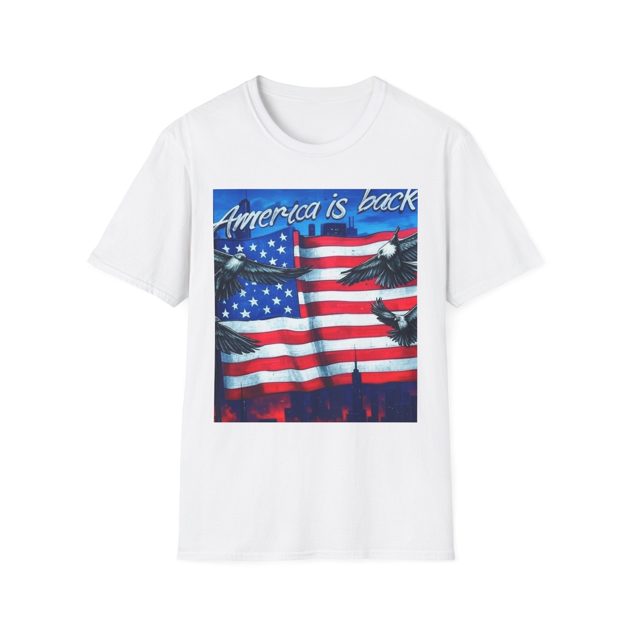 America is Back Unisex Softstyle T-Shirt - Patriotic Graphic Tee for Independence Day, Memorial Day, and Everyday Wear