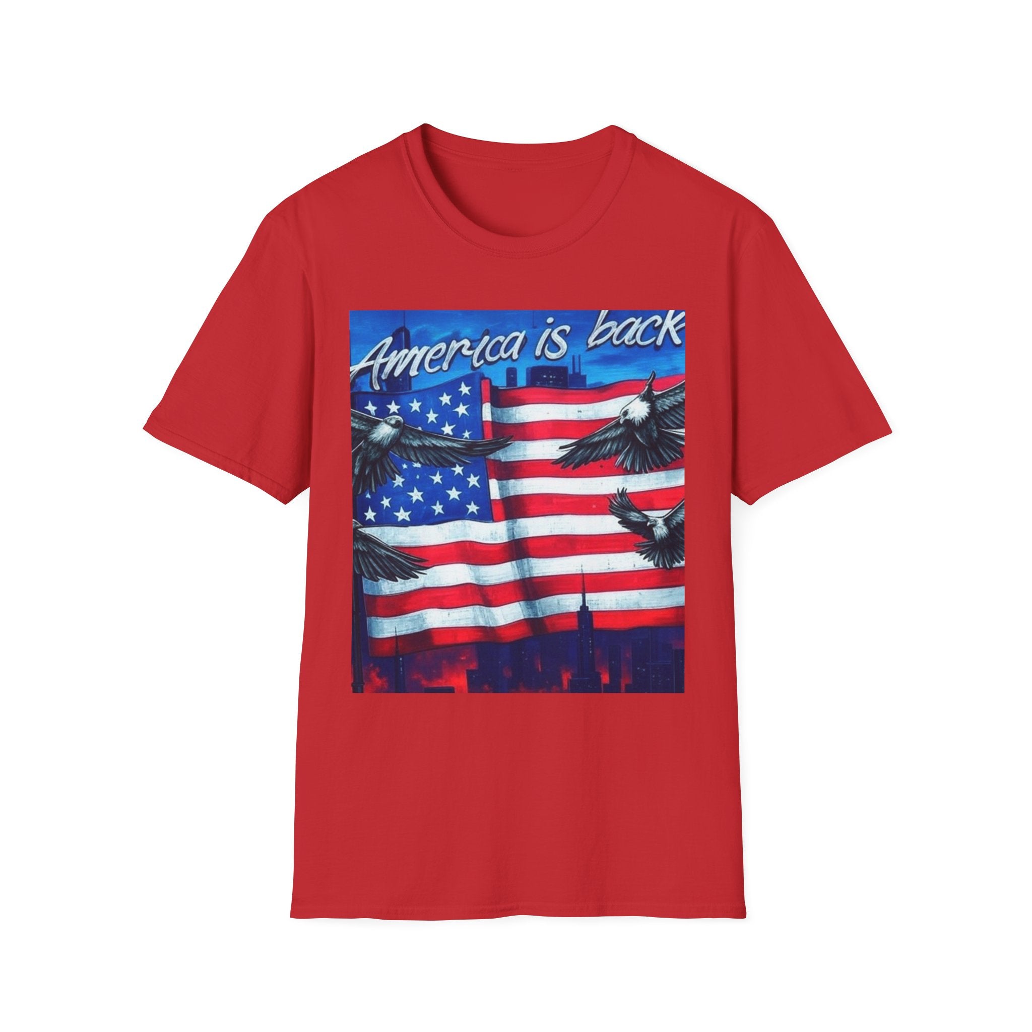 America is Back Unisex Softstyle T-Shirt - Patriotic Graphic Tee for Independence Day, Memorial Day, and Everyday Wear