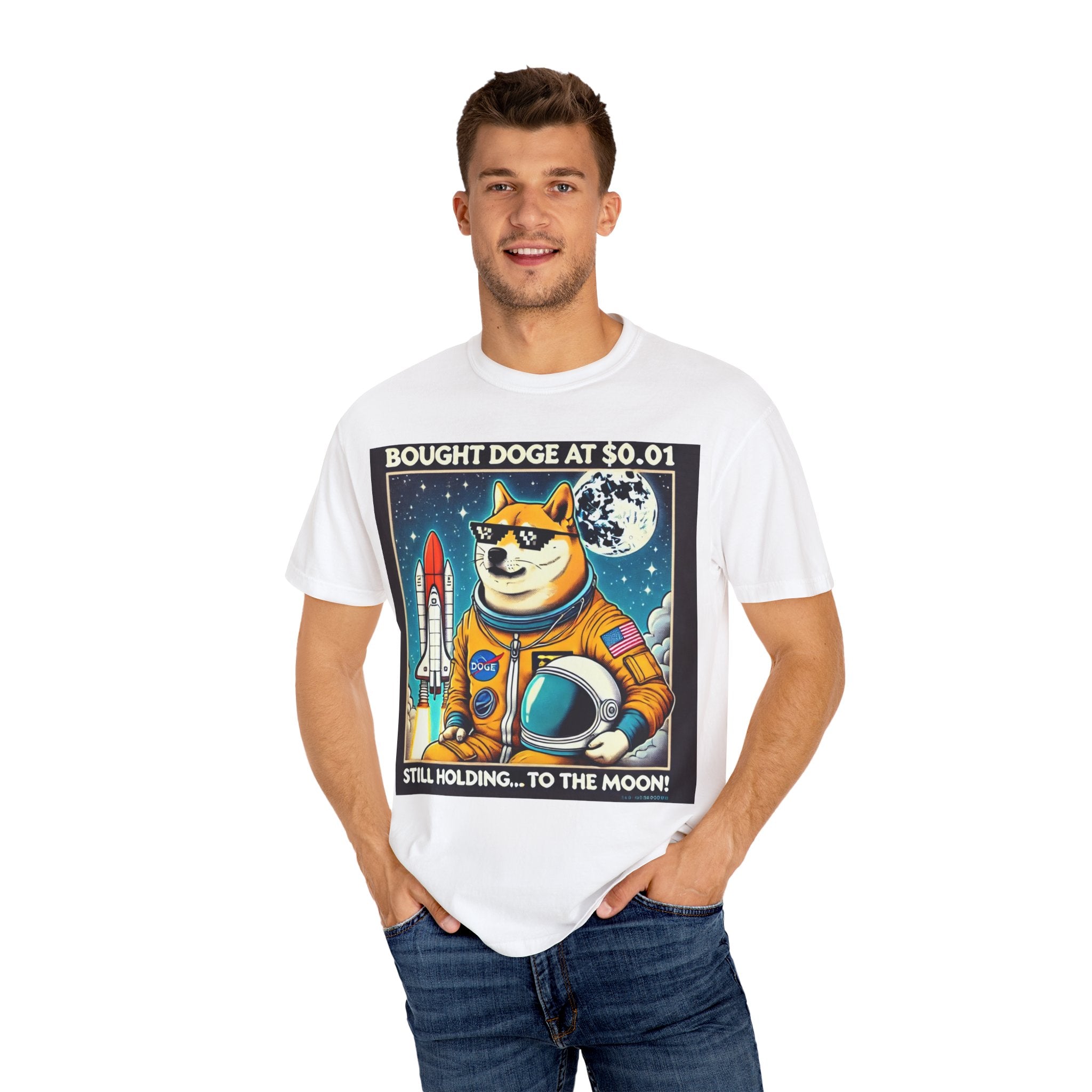 Astro Doge Unisex T-Shirt - "Bought Doge at $0.01, Still Holding to the Moon!"